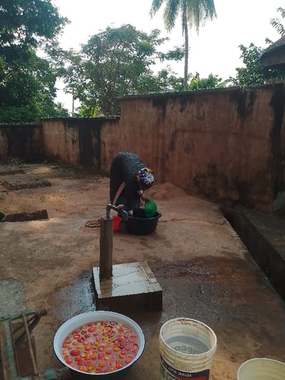 The image displays an outdoor setting in Ufuma, Nigeria, characterized by a concrete ground and a textured reddish-brown wall in the background. A person, dressed in a dark patterned garment and a colorful head covering, is positioned in the mid-ground, bending over. They are interacting with a green container above a large black basin on the ground, near a red bucket. A water faucet is mounted on a small concrete pillar in the foreground, with water visible on the surrounding concrete surface. In the immediate foreground, a white enamel bowl contains numerous small, spherical fruits or berries, colored red and yellow, immersed in water. An empty white plastic bucket stands adjacent to it. The background consists of lush green trees and foliage, including a tall palm tree, visible above the wall against a bright sky. A concrete drainage channel runs along the right side of the scene.