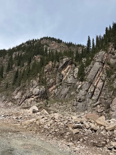 The image presents a rugged, natural mountain landscape, dominated by a steep, rocky cliff face on the left and central portions of the frame. The cliff exhibits prominent stratification and fracturing, with layers of grey and brown rock varying in texture and exposure. Dense clusters of dark green coniferous trees, likely fir or spruce, cling to the rocky slopes, particularly along the upper ridge and in various crevices, signifying resilient vegetation in harsh terrain.
The top right section of the image features a pale, uniform blue-grey sky, suggesting an overcast or hazy daytime, likely late morning or early afternoon, with diffuse lighting and no harsh shadows. In the lower right foreground, the ground is a rough expanse of gravel, small rocks, and dirt, possibly indicating a natural scree slope or a rough track at the base of the towering rock formation. There are no visible people, animals, or man-made objects, nor any discernible text. The scene conveys a sense of natural grandeur and solitude within a mountainous environment, consistent with the Grigor'yevka region of Kyrgyzstan.