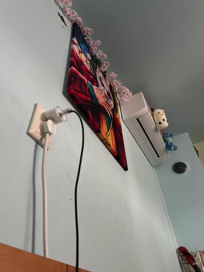 In a room with light blue walls, a framed artwork of a person in a red outfit is hung. To the left of the artwork, a white electrical outlet is visible, with two plugs inserted. One plug has a white cable attached, while the other has a black cable. Above the artwork, a string of pink artificial cherry blossoms is draped. Further to the right, a white air conditioning unit is mounted on the wall. Two small plush toys, one resembling a bobblehead character and the other a blue creature, are placed on top of the air conditioner. The image was taken in the city of Debelt, Bulgaria.