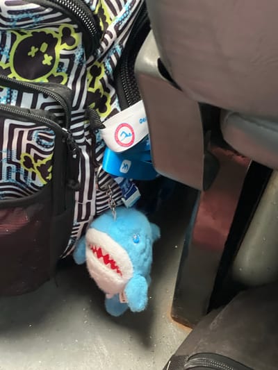 The image shows a close-up of a backpack with a black and white geometric pattern. A small, blue, plush shark keychain is attached to the backpack near some lanyards. The location of Усть-Сыны, Russia, is not apparent from the visual information. The scene appears to be inside a vehicle or storage area, as suggested by a gray seat and other dark-colored items in the background.
