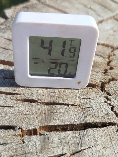 The image shows a white digital thermometer with a green LCD screen placed on a rough, weathered wooden surface. The thermometer displays two readings. The top reading shows "41.9" followed by a small "°C" symbol, indicating a temperature of 41.9 degrees Celsius. Below this, there is a smiley face icon labeled "DRY" and the number "20" followed by a "%" symbol, suggesting a humidity level of 20%. The background is blurred, but appears to be outdoors with some greenery and dappled sunlight, suggesting a warm, possibly sunny day. The wooden surface is cracked and appears to be a tree stump or log, with deep grooves and a textured, greyish-brown color. The thermometer is the primary object of focus, with a small brown speck visible on its front edge. The overall impression is of an outdoor environment where temperature and humidity are being measured. Given the location context of Kostiantynivka, Ukraine, and the high temperature displayed, it is likely a warm summer day. No people are visible in the image.