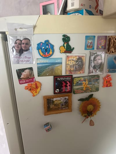 The image depicts the front of a white refrigerator adorned with various magnets and a framed photograph. The refrigerator door is the primary subject. On the top left, a small, sealed plastic packet contains a photo of a young couple, with text below that reads "Maxim and Dinara 23.08.2024". To the right of this packet is a blue magnet shaped like a dog with a yellow circle and text that appears to be Russian. Further to the right, there are three rectangular magnets: one with a green dog and the word "ДЕНЕГ" (Money), another blue magnet with a picture of a basket of flowers and the text "Счастье-Бабочка" (Happiness-Butterfly), and a pink magnet with a cartoon image.

Below these, a postcard-like magnet shows a beach scene with the word "Анапа" (Anapa). To its right, a small framed magnet features a building with yellow walls and a person sitting outside, with Russian text below that includes "Белгино" (Belgino). Next to this is a magnet with a portrait of a young girl and what appears to be a Christmas tree.

Further down, a black magnet with red and white text says "ВОДОЛЕЙ" (Aquarius) and a date. To its right, a magnet with a golden statue of a person in a dynamic pose and Russian text "Крыму Алушта" (Crimea Alushta). On the far right, a bright orange magnet shaped like a dragon or mythical creature with the letter "P" is visible.

Below the "Анапа" magnet, a small square magnet shows a smiling girl's face and the word "Felicita", and beneath that, an orange magnet shaped like a heart with a cartoon character on it. In the center bottom, a rectangular framed photograph shows a building with a golden frame. To the right of this, a large, decorative sunflower magnet is prominently displayed. On the far right, a small red magnet is shaped like a small dragon. Near the bottom left of the refrigerator door, a small, multi-colored cube-shaped magnet is attached. The environment appears to be indoors, likely a kitchen, with part of a wall visible in the background. There is no indication of the location being in Yazykova Pyatina, Russia.