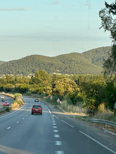 The image shows a two-lane highway in La Garde, France, with cars driving on it. The road is bordered by trees and vegetation, and in the background, there are hills covered in trees and scattered houses. The sky is clear and blue, with a few faint clouds. The scene appears to be set during the daytime, likely late afternoon or early evening, given the warm light.
On the highway, there are several cars. In the foreground, a red hatchback is driving away from the camera in the right lane. Further up the road, in the left lane, a white car is visible. Other cars are scattered further ahead on both lanes. There are speed limit signs indicating 110 km/h, and a warning sign for deer crossing is visible on the right side of the road.
The environment suggests a rural or semi-rural setting within or near the city of La Garde, which is known for its hills and Mediterranean vegetation. The presence of a highway indicates a connection to other areas, typical for a town in the Var department of Provence-Alpes-Côte d'Azur.