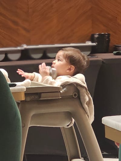 A baby with brown hair sits in a high chair with a grey frame. The baby wears a beige sweater and clutches a small stuffed animal. A beige towel is draped over part of the chair's frame. The background is a blur of dark grey, green, and a wooden floor. Part of the high chair's tray is visible in the upper right corner.