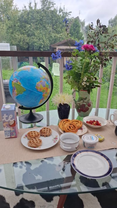 On a glass-topped table on a balcony, a breakfast spread is laid out with a globe in the background. The table is covered with a light-colored placemat. To the left, a carton of milk with Russian text and an illustration of a cat is placed next to a blue and green globe. In the center, a plate holds three waffles, a small white bowl contains a chia seed pudding, and another plate has two cinnamon rolls. To the right, a small white bowl is filled with wild strawberries, and a tub of condensed milk sits nearby. A bouquet of flowers, including pink roses and blue delphiniums, is arranged in a green pitcher decorated with cherries. The background reveals a backyard scene with trees, a wooden shed, and a house, indicating the location is likely in a suburban or rural area of Орбита Снт (терпигорьево), Russia, during daytime with an overcast sky.