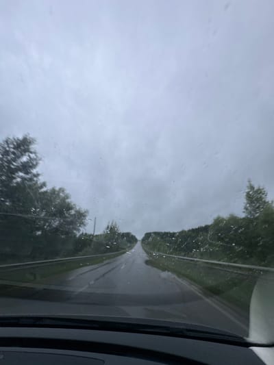 The image shows a view from inside a vehicle looking forward through a windshield with raindrops on it. The road ahead is wet and appears to be a highway or a main road, with guardrails on both sides. Trees and greenery line the sides of the road, and the sky is overcast with heavy clouds, suggesting rainy weather. The location is identified as Gol'yany, Russia. The scene is devoid of any people or discernible actions, focusing solely on the road and the surrounding environment under a cloudy sky.
