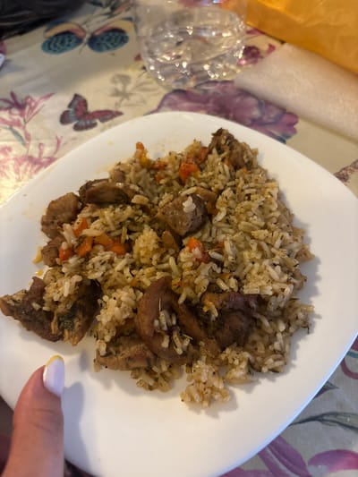 The scene is set indoors in Gorna Rositsa, Bulgaria. A white, oblong plate, centrally positioned on a patterned tablecloth, holds a portion of pilaf consisting of rice, chunks of cooked meat, diced orange-red vegetables, and green herbs. A human left thumb, exhibiting a pale yellow or white tip of nail polish, is present in the lower-left quadrant, resting near the plate's edge. In the upper-center background, a partially filled transparent plastic water bottle is visible. To its right, an out-of-focus orange-yellow object, possibly a package, and a piece of white foam packaging material are present. The tablecloth features a multi-colored floral and butterfly design on a light background.