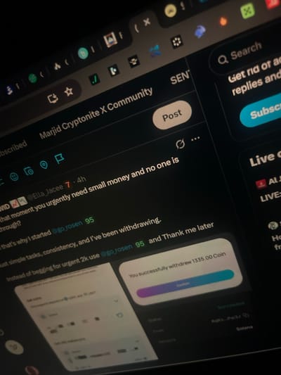 The image displays an angled, close-up view of a digital screen, likely a laptop or monitor, illuminated in a dimly lit environment. The screen presents a web browser interface in dark mode. Several browser tabs are visible at the top, with one prominently featuring the title "Marjjid Cryptonite X Community." The main content area shows a social media or forum post by "@Ella_Jacee 7 • 4h" asking, "that moment you urgently need small money and no one is through?" A subsequent reply or post details, "that's why I started @go_rosen 95 and I've been withdrawing. just simple tasks, consistency, and I've been withdrawing. Instead of begging for urgent 2k use @go_rosen 95 and Thank me later." A pop-up notification is clearly visible over this content, stating, "You successfully withdrew 1335.00 Coin," with a gradient "Confirm" button below it. Other partial interface elements include a section mentioning "Get 2020 and 250 USDT," "Get USD transaction," and transaction details listing "Status," "From," "Network," and "Solana." On the right side of the screen, a "Search" bar, "Subscribe" button, and indications of "Live" content are present. No individuals are depicted. The environment beyond the screen is dark and out of focus. The specific location within Alasia, Nigeria, cannot be determined from the visual information provided.