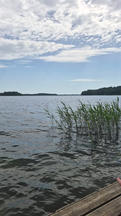 The image depicts a serene lake scene with a wooden dock in the foreground. The water is calm with gentle ripples, reflecting the partly cloudy sky. Reeds are growing in the water near the dock. In the distance, a treeline borders the opposite shore of the lake. The sky is a mix of blue with scattered white clouds. There are no visible people or animals. The scene is likely a natural landscape on the outskirts of Rimšas, Latvia, given the mention of the location.