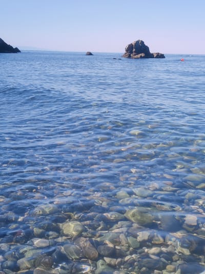 The image shows a clear, shallow body of water with a rocky bottom. The water is blue and slightly rippled, with sunlight reflecting off the surface. The rocky bottom is composed of various sizes and colors of stones, some of which are partially submerged. In the distance, there are rock formations jutting out of the water. The sky is a clear, pale blue. There are no people visible in the image. The scene appears to be a coastal area, likely a beach or bay. The location is the municipality of Evryménon, Greece.