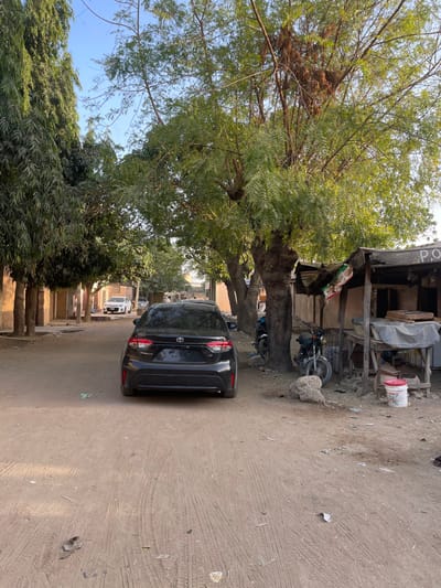The scene depicts an unpaved dirt road in Daurawa, Nigeria, under a clear blue sky. A black Toyota Corolla sedan, visible from the rear, is centrally parked on the road, facing away from the viewer. The ground exhibits tire tracks and is sparsely littered with small pieces of debris.
To the left of the road, a line of tall trees with dense green foliage partially obscures light-colored, low-rise structures. Further down the road on the left, a white sedan is visible.
On the right side of the road, a makeshift stall or shop is constructed with a wooden frame and a corrugated metal roof, with some sections covered by a tarp. Various objects including wooden tables, a white plastic bucket with a red lid, and another bucket are positioned near the stall. Two motorcycles are parked upright adjacent to a large tree trunk on this side. The trees on the right also feature green foliage, with one prominent tree having a thick, gnarled trunk. No individuals are visible.