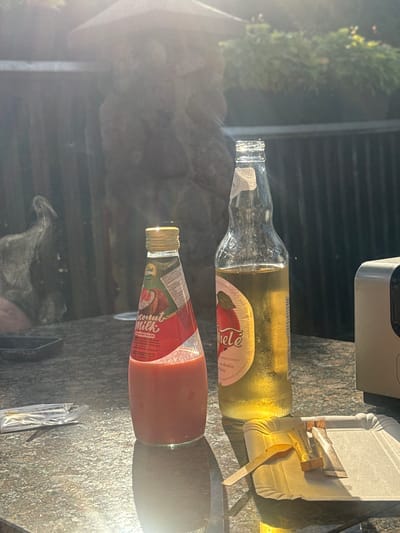 In Rūdiškės, Lithuania, on a sunlit day, a table outdoors displays two beverages and a paper tray. To the left is a conical glass bottle containing a pink, opaque liquid, labeled "Coconut Milk Strawberry Flavor". Next to it stands a clear glass bottle filled with a yellow, translucent liquid, with a label featuring a red apple and the word "Nirle" (likely misspelled and should be "Nirvelė" or similar in Lithuanian). The bottle appears to be a type of apple cider or juice. On a disposable paper tray to the right, two small packets, possibly sugar or sweetener, and a small wooden stirrer are arranged. The table surface is textured, resembling granite. In the background, out-of-focus foliage and a dark, textured wall are visible. The overall impression is a casual outdoor refreshment setting.
