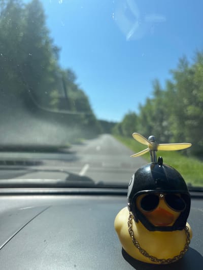 This is a close-up, side-view, portrait orientation photograph taken from inside a vehicle, likely in Russia, given the "Oikasy" location context. The primary subject is a yellow rubber ducky with a black pilot's helmet and aviator goggles, accessorized with a gold chain around its neck and a small propeller on its head. The ducky is positioned on the dashboard of the car.

The background reveals a road receding into the distance, bordered by lush green trees, suggesting a rural or suburban setting. The sky is a clear, bright blue, indicating fair weather and likely daytime. The sun is casting shadows, hinting at a sunny day. The reflection on the windshield shows a blurred image of the propeller, indicating it might be spinning or the car is in motion.

The overall mood conveyed is playful and lighthearted, with the ducky dressed as a pilot adding a whimsical touch. The image captures a sense of travel and adventure, possibly on a road trip. There is no visible text in the image.
