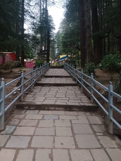The image depicts a paved pathway leading uphill through a dense forest of tall pine trees. The pathway is made of large, flat stone slabs and is bordered by a metal railing on both sides. The railing is gray and has multiple horizontal bars supported by vertical posts. The scene suggests a walking path or a trail, possibly within a natural park or a spiritual site, given the tents visible in the background on the left side of the path. These tents, appearing to be made of colorful fabric in shades of red, orange, and pink, hint at a temporary setup, perhaps for vendors or pilgrims. Further up the path, more tents or structures can be seen, with colors like yellow and blue. The time of day appears to be overcast, as the light is diffused and there are no strong shadows, suggesting either early morning, late afternoon, or a cloudy day. The overall atmosphere is serene and somewhat mystical, with the towering trees creating a sense of enclosure and natural grandeur. The ground around the pathway is earthy and uneven, with some scattered rocks and dry leaves. There is no visible text in the image.