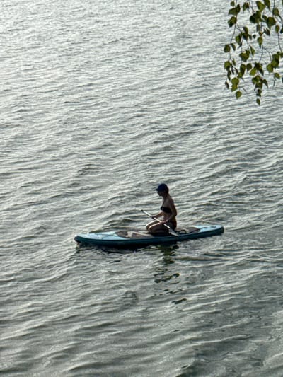 A single person is paddleboarding on a body of water. The person is kneeling on the paddleboard, facing to the left of the frame, and holding a paddle. They are wearing a dark bathing suit and a blue cap. The paddleboard is light blue with darker trim and is positioned in the center of the frame. The water is rippled and appears to be a lake or river. In the upper right corner of the frame, there are some green leaves hanging from a branch. The overall lighting suggests it is daytime. The location is identified as Priladozhskoe, Russia.