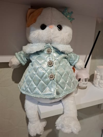 A stuffed cat with a light blue, quilted, shiny coat, adorned with three diamond-like buttons, sits on a white shelf in what appears to be a domestic setting. The cat has white fur, tan markings on its head, and dark eyes. It wears a small, green, crown-like accessory on its head. To the right of the cat, an air freshener with the label "ASARI" is visible, along with a white decorative object. The background is a plain, textured wall. The image is a medium shot, focusing on the stuffed animal and its immediate surroundings. The location is identified as Korenovsk, Russia.
