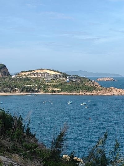 The image displays a coastal panorama within Tuy Phong 4, Vietnam, captured from an elevated perspective. The immediate foreground features dense green foliage, including various bushes and small trees, growing on rocky, uneven terrain. Directly below, a dark blue bay exhibits slight surface ripples. Within the bay, multiple small vessels are present, including at least three blue fishing boats with white cabins, several smaller, dark-colored boats, and numerous scattered buoys or markers. Approximately six individuals are observable in the water, appearing to be swimming or floating on the left side of the bay.
The shoreline on the left features a sandy beach fringed by a dense expanse of palm trees and other green vegetation. Further inland and uphill, a cluster of modern buildings with dark roofs, consistent with a resort or residential development, is situated on a verdant hillside. Sections of this hillside display exposed reddish-brown earth, indicating recent ground disturbance. Faintly visible on the upper left slope of the hill are several wind turbines. The right side of the bay is defined by a rugged, rocky coastline composed of reddish-brown formations, which extends offshore to a small, rocky island. The background consists of a clear, light blue sky with minimal cloud cover, merging with hazy, distant mountains or hills along the horizon.