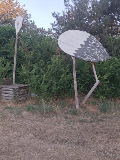 The image depicts an outdoor scene with a stylized, oversized sculpture of a stork. The sculpture is constructed from wooden elements and features a large, flat, ovular body, with one side painted white and the other side black, suggesting plumage. It has two long, thin legs, one of which is bent, and a long neck extending upwards to a head shape that is also painted white with a dark eye. To the left of the stork sculpture, there is a rustic wooden well. The well is circular and constructed from logs, with a wooden platform on top. A wooden bucket hangs from a rope within the well structure. The sculpture and well are situated in an area with dry grass and scattered vegetation, with a dense line of green bushes and trees forming a backdrop. Pine trees are visible in the background, towering above the bushes. The sky above is clear and light, indicating daytime. The scene appears to be located in a rural or semi-rural setting, possibly a park or a village area. Without additional information or context, the specific location within Shyriaieve, Ukraine, cannot be precisely determined from the visual elements alone.