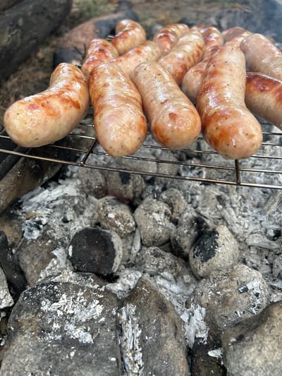 In Chmyrivka, Ukraine, sausages are grilling over charcoal. The image shows a close-up of several sausages arranged on a metal grill rack. The sausages are plump and appear to be pre-cooked or partially cooked, with browning and grill marks visible on their skins. Below the grill, glowing charcoal embers are visible, some covered in white ash, indicating an active fire. The background is blurred but suggests an outdoor setting with dry leaves or twigs scattered on the ground and the suggestion of dark wood or logs.