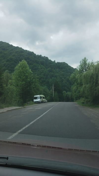 Captured from within a vehicle, the image reveals a roadside view in what is suggested to be Rakhiv, Ukraine. A two-lane road with a solid white center line runs vertically, flanked by dense, green vegetation ascending into a tree-covered hillside under an overcast sky. A light-colored van is parked partially off the road near the trees. A utility pole is visible amid the trees, suggesting the presence of infrastructure. The perspective indicates the photograph was taken through the vehicle's windshield.