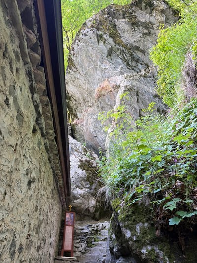 View looking up at a rocky overhang in Govedartsi, Bulgaria. The overhang is part of a natural rock formation, with visible strata and moss growth. Green foliage hangs down from the top of the rock formation. Below the overhang, a small structure with a dark metal roof, wooden beams, and a stone wall. To the right of the structure, an ornate sign with a religious image and text is mounted on the wall. The ground in the foreground is stone-paved.