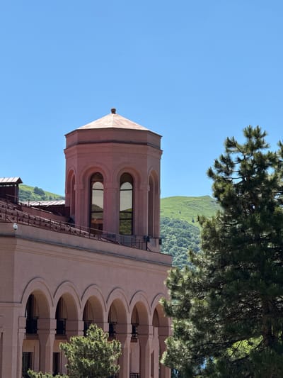 The image shows a close-up of a light pink building with arched windows and a tower. The building has a classical architectural style with repeating arches along the lower facade. The tower, also made of light pink material, has arched windows and a domed roof topped with a small sphere. In the background, a lush green hillside is visible under a clear blue sky. A large pine tree with dark green needles partially obscures the right side of the building and the background scenery. This building is identified as the Jermuk Thermal Water Company building in Jermuk, Armenia. There are no people visible in the image.