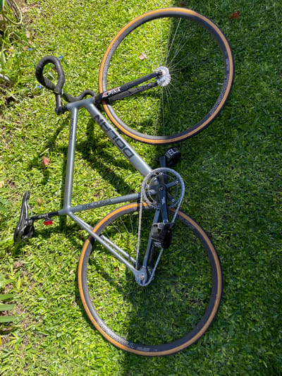 The image depicts a Dolan Pre Cursa track bicycle lying on a patch of green grass. The bicycle has a gray frame, black handlebars wrapped in black tape, and black saddle and seat post. The wheels are black with tan sidewall tires. The tires are branded "Schwalbe Lugano 2 Downhill HLQX". The front wheel has an "Alpina" sticker on the fork. The background is entirely green grass, with varying shades suggesting sunlight and shadow. No people are visible in the image. The description of the location in the city of Vicente Lopez, Argentina is not possible due to lack of specific details that tie to that location.