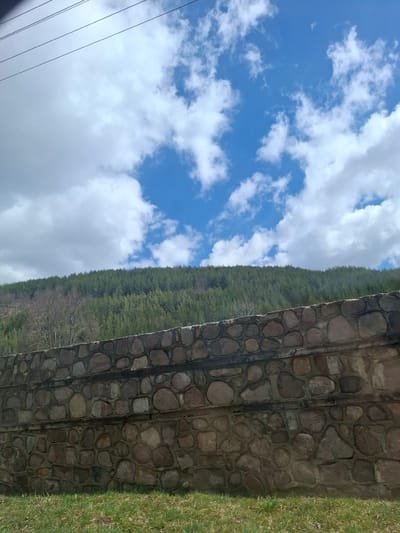 The image shows a landscape in Gintsi, Bulgaria. A stone wall runs vertically on the right side, next to a patch of green grass. A densely forested hill slopes upwards to the left of the wall. The left side of the image shows a blue sky dotted with white clouds. There are also power lines in the corner of the image.