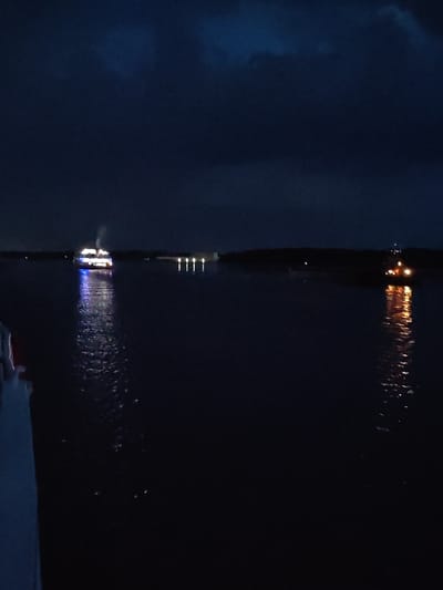 A river cruise ship is illuminated at night on the Volga River in Kamenniki, Russia. The ship is lit with bright white and blue lights and appears to be emitting steam from its smokestack. The water is dark and reflects the ship's lights. On the right side of the image, the lights of another vessel or structure are visible on the distant shore, also reflecting in the water. The sky is dark with some clouds, suggesting nighttime conditions. The foreground shows a partial view of a person's shoulder and arm, indicating the photo was taken from another boat or the shore.
