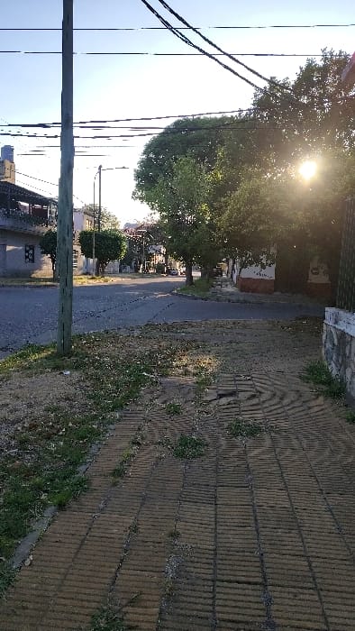 The image depicts a residential street intersection in Caseros, Argentina, during daylight hours, likely morning or late afternoon due to the low sun angle. The scene is devoid of people or active subjects.
In the foreground, a brick-paved sidewalk occupies the right half of the frame, showing signs of wear, unevenness, and interspersed weeds and dirt. Adjacent to the sidewalk on the left is a patch of unkempt grass and bare soil. A dark-colored utility pole stands prominently on the left side, slightly off-center, from which multiple overhead power lines extend diagonally across the upper portion of the clear, light blue sky.
The midground features a paved, dark gray street with visible cracks and irregularities, indicating an intersection that curves to the left and continues straight into the background. Several trees with green foliage are present, with a large, dense tree on the right side of the street partially obscuring the sun, which appears as a bright, star-like burst of light. Another smaller tree or shrub with manicured circular foliage is visible further down the street on the left. Residential buildings line both sides of the street. On the left, a multi-story structure with an exposed balcony or terrace and a ground-level window is visible. On the right, a building with a section of its exterior wall painted in red and white is partially visible behind trees, with a green metal fence bordering the property. A street lamp is discernible further down the street on the left.
The background consists of a clear, bright sky, illuminated by the sun's glare originating from the right side of the frame. No vehicles are present on the visible portions of the street.