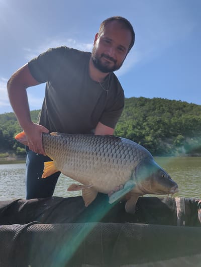 A man with a beard holds a large carp near a body of water and trees, under a blue sky. The location is likely near Slavovitsa, Bulgaria. The man wears a dark green t-shirt. The carp is light brown with yellow fins and scales. The background includes a lake and green trees. A dark mesh is present to the right.