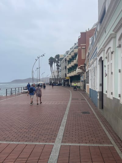 The image depicts a seaside promenade in Las Palmas De Gran Canaria, Spain. A red brick walkway stretches along the coast, bordered by a metal railing on the left, overlooking a choppy, gray ocean. Several people are walking along the promenade. In the foreground, a man and a woman walk away from the camera. Further down the promenade, a man is pushing a cart. On the right side of the promenade, buildings with colorful facades and shuttered windows line the street. Palm trees are visible in the background. The sky is overcast and gray. The scene appears to be a public space designed for leisure and recreation.