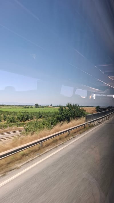 This is a photograph taken from a moving vehicle, likely a train or bus, looking out a window. The foreground consists of a blurry asphalt road with a white line marking its edge, indicating movement. A metal guardrail runs parallel to the road, separating it from a strip of dry grass and vegetation. Beyond this, a landscape unfolds with a railway track on the left side, partially obscured by dry grass. The middle ground is dominated by lush green fields, with rows of trees and some scattered buildings in the distance. A few more trees are visible in the mid-ground, with one particularly tall, distinctive tree standing out. The sky is a clear, pale blue with faint contrails visible. Reflections of the vehicle's interior, including seating and possibly passengers, are visible on the window. The overall scene suggests a rural or semi-rural environment during the daytime. The image does not contain specific landmarks or details that would definitively place it in Skutare, Bulgaria.