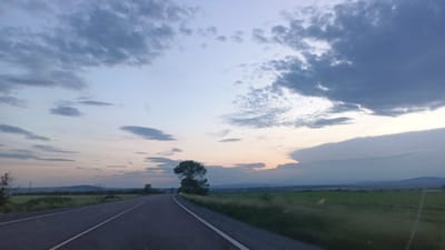The image depicts a road leading towards the horizon under a cloudy sky at what appears to be dusk. The road has a solid white line marking the right edge and a double yellow line in the center. Green fields are visible on either side of the road, with a single tree standing near the road's edge on the right. In the distance, hills are discernible. This is likely a rural area, and given the prompt, may be near Sokolovo, Bulgaria. There are no people visible in the image.