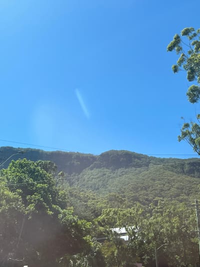 A daytime landscape features a clear blue sky filling the majority of the frame, contrasted by a lush, green mountain range on the right. Power lines are visible against the mountain. Tree branches overhang the top of the image. The composition is slightly tilted, and there is a faint white line visible in the sky. Some sunlight glares at the bottom of the image.