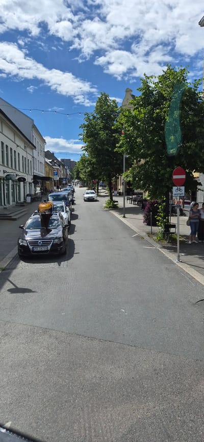 The image depicts a street scene in Gjøvik, Norway, on a sunny day with scattered clouds. The perspective is from a slightly elevated position, looking down a street lined with buildings on the left and trees and a sidewalk on the right.

Several cars are parked or driving along the street. One prominent vehicle is a black Volkswagen Passat, identifiable by its license plate "PD 34739". This car has a yellow object, possibly luggage, strapped to its roof. Other vehicles, including a white car further up the street, are also visible.

On the right side of the street, there is a sidewalk with some people. One person appears to be standing near a sign that reads "UNNTATT" with a bicycle symbol, indicating a prohibition for bicycles. In front of the buildings, there are outdoor seating areas for what appears to be cafes or restaurants, with tables and chairs. Flower boxes with purple flowers add color to the scene.

The buildings on the left are multi-story structures with light-colored facades and windows. Some streetlights or decorative lights are strung across the street. The overall atmosphere seems to be that of a pleasant, ordinary day in a European town. The time of day appears to be afternoon, given the angle of the shadows.