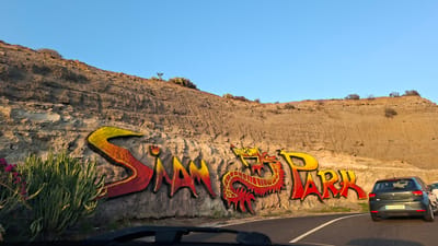The image shows a large "Siam Park" sign painted on a rocky hill. The text is in a stylized font, with a gradient from yellow to red. A dragon motif is incorporated into the design. A road runs along the base of the hill, with a gray car visible on the right side of the image. The license plate of the car reads "8150 KZP." The sky is clear and blue. The location is identified as Los Cristianos, Spain. Green plants are seen on the left side of the sign.