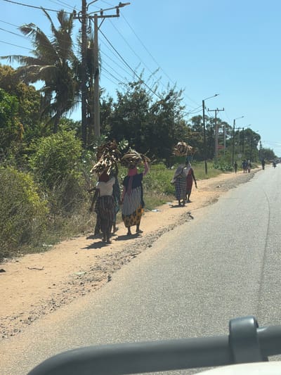 Three women are walking along the shoulder of an asphalt road in Muxara, Mozambique. Each woman is carrying a bundle of dry sticks or branches on their head. They walk single file, close to the edge of the road. Vegetation, including a palm tree, lines the left side of the road. Power lines are visible above. The right side of the image shows part of a vehicle interior, suggesting the picture was taken from inside a car. Other pedestrians are visible in the distance along the road.