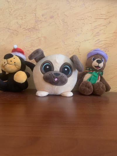 Three stuffed animals are arranged on a wooden surface against a textured, light-yellow wall. The top stuffed animal is a brown bear wearing a purple beanie and a green scarf. Below the bear is a light-tan pug with large blue eyes and dark grey ears and nose. At the bottom is a black stuffed animal with a tan face, wearing a red and white Santa hat. The animals appear to be decorative or toys, and no activity is taking place. The lighting suggests it is daytime. There is no visible text.