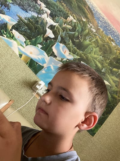 A young boy, with short brown hair, is shown from the shoulders up in a close-up shot, angled from the side. He is looking downwards, his gaze focused on something out of frame. His expression appears thoughtful or concentrating. He is wearing a gray t-shirt. A thin, dark string or necklace is visible around his neck.

The background is a large wall decal or mural featuring a scene of calla lilies and a body of water. The flowers are predominantly white with yellow stamens, surrounded by lush green leaves. The water appears to be a lake or river, with sunlight glinting off its surface, suggesting it might be daytime. The overall setting is indoors, likely a room in a home.

To the right of the boy, a white electrical outlet is visible on a textured, light green wall. A white power cord is plugged into the outlet and extends downwards. The lighting in the image suggests ambient indoor light. The image is taken from a slightly high angle, looking down at the boy and the scene. There is no visible text in the media file.