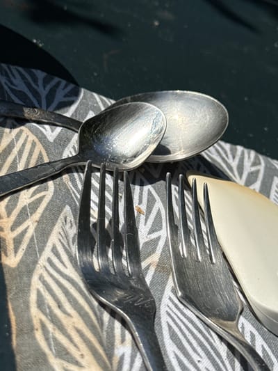 A close-up, high-angle shot shows two silver spoons and two silver forks resting on a gray and white patterned cloth. The spoons are placed above the forks. One spoon, on the left, is slightly obscured by the other, larger spoon on the right. The forks are positioned side-by-side, with the tines pointing upwards. A pale, cream-colored object, possibly a dish or utensil, is partially visible to the right of the forks. The background is a dark, blurred surface, possibly wood or metal, with sunlight casting shadows. The scene appears to be outdoors, on a sunny day. The image does not contain any discernible elements that would place it in Kanjoši, Montenegro.