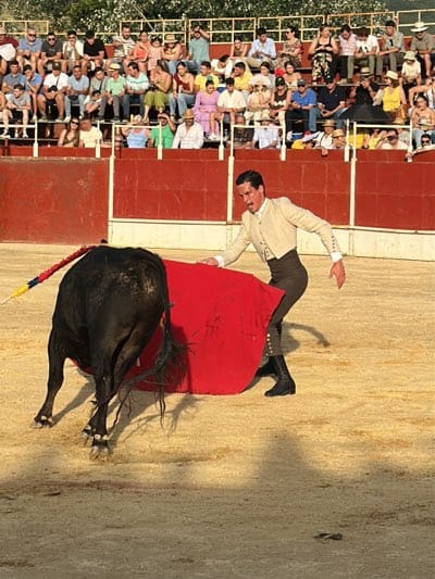 The image depicts a bullfight in San José del Valle, Spain. In the foreground, a matador wearing a beige jacket, dark trousers, and black boots is positioned close to a bull. The bull is dark-colored and facing away from the camera, with a red cape positioned between the matador and the bull. Behind the barrier, a crowd of spectators fills the stands. The environment appears to be a traditional bullfighting ring with a sandy arena. The weather is sunny and there are trees in the background.