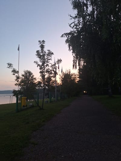 The image depicts a dusk scene with a path leading into the distance. On the left, a body of water, likely a river or lake, is visible, bordered by a grassy embankment and a green metal fence. A yellow trash can is present near the fence. Several trees of varying sizes are scattered throughout the scene, with a prominent, large tree dominating the right side of the frame, its dark foliage obscuring much of the background. In the distance, along the path, there appear to be faint lights, suggesting some form of illumination or possibly a vehicle. The sky above is a gradient of pale blue and soft pink, indicative of twilight. Multiple flags are visible on flagpoles in the middle ground, suggesting a public or recreational area. The overall atmosphere is calm and serene, characteristic of a peaceful evening. The location is identified as Atamanovka, Russia.
