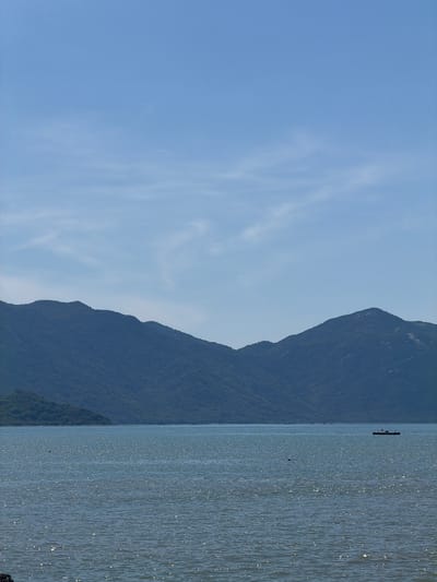 The image captures a serene coastal scene in Ninh Ích, Vietnam. The photograph is oriented vertically, with the sky occupying the left half and the sea and mountains dominating the right. A vast expanse of pale blue sky stretches across the upper left, dotted with wispy, white clouds. The right side of the image is a dramatic juxtaposition of a dark, imposing mountain range and a sparkling, sunlit sea.
The mountain range, covered in dense vegetation, rises steeply from the water's edge, its jagged silhouette a stark contrast against the lighter sky. The sea is a shimmering expanse of blue, with sunlight glinting off its surface, creating countless small, bright highlights that suggest gentle ripples. In the distance, a small, dark boat is visible on the water, adding a sense of scale and solitude to the scene. A few other dark specks on the water may indicate other small vessels or buoys.
The overall impression is one of tranquility and natural beauty. The clear sky and the bright sunlight on the water suggest a warm, pleasant day, likely in the late morning or early afternoon. The absence of any significant human activity, apart from the distant boat, contributes to the peaceful atmosphere. The image evokes a sense of calm and invites contemplation of the vastness of nature. There is no visible text in the image.