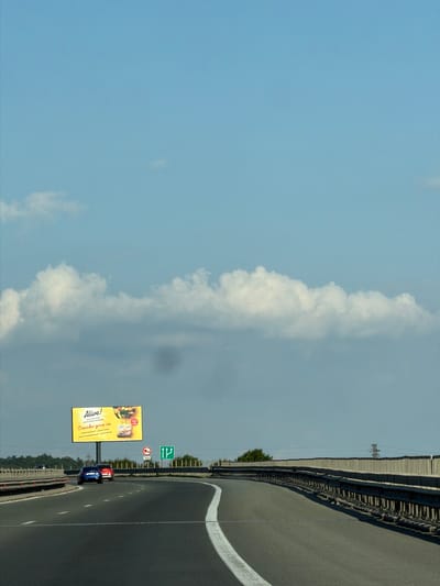The media file shows a highway in Eleshnitsa, Bulgaria, on a clear day with some clouds. The perspective is from a vehicle moving along the road, as indicated by the road markings and the slight curve of the highway. The road is paved and has white lane markings. On the left side of the road, there is a concrete barrier and then a billboard.
The billboard is yellow and features an advertisement for "Alive!" juice, with images of fruit and a carton of juice. Text on the billboard is in Cyrillic and reads: "Alive! Натуральный сок. Окисли дольше. Добро утро." (Alive! Natural juice. Oxidize longer. Good morning.). There are also road signs visible, including a green directional sign with arrows and "1P" indicating a parking area, and a circular sign with a red border and a diagonal line through it, typically indicating "no entry" or a prohibition.
On the right side of the road, there is a guardrail. The sky is blue with some white clouds, suggesting it is daytime. The overall scene is that of a typical highway drive in a rural or semi-rural area. There are at least two cars visible on the road, one red and one blue, suggesting active traffic. The presence of trees in the background indicates a natural landscape surrounding the highway.