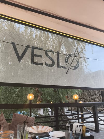 The image depicts an outdoor seating area, likely a restaurant or cafe, with a prominent white screen displaying the text "VESLO" in large black letters. The logo includes a stylized circular emblem with a diagonal line and a smaller circle, possibly representing a paddle or wheel. Behind the screen, a large weeping willow tree is visible, its branches reaching towards the sky. The setting appears to be a pleasant day, with a clear sky suggesting daytime.

In the foreground, a table is set with plates, glasses, and condiments, indicating a meal is in progress or has recently concluded. One glass contains a green beverage with a black straw. Cushions on an outdoor chair add to the comfortable ambiance. A railing with decorative lighting, including a glowing bulb, separates the seating area from a lower level with more railings and a walkway. Camouflage netting is visible on a wall in the background. The overall impression is one of a relaxed outdoor dining experience in a natural, possibly scenic, location. The text "VESLO" is the most prominent identifying feature.