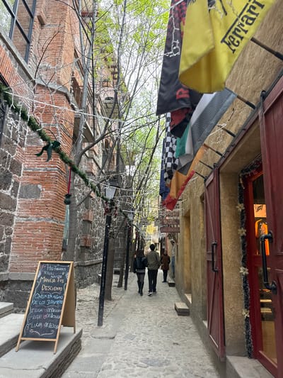 An outdoor urban scene features a cobblestone alley adorned with racing flags and string lights. A brick building is visible on the left, decorated with garland. A chalkboard sign promotes discounts and notes finishing positions. A tree with bare branches reaches into the alley's canopy. Several people walk further down the alley. A partially obscured building with wooden doors frames the scene.