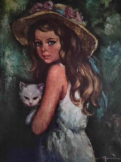 This is a portrait painting of a young girl holding a white kitten. The girl is wearing a straw hat adorned with pink flowers and a blue ribbon. She has long, wavy brown hair and is looking directly at the viewer with blue eyes. She is wearing a white dress. The kitten is cradled in her arms and appears to be looking towards the viewer as well.
The background is a dark, abstract depiction of foliage, suggesting an outdoor setting, possibly a garden or woodland. The lighting is soft, and there are no distinct cues for time of day or weather. The overall mood of the painting is gentle and affectionate, highlighting the bond between the girl and her kitten. There is no visible text in the image. The style of the painting is realistic with visible brushstrokes.