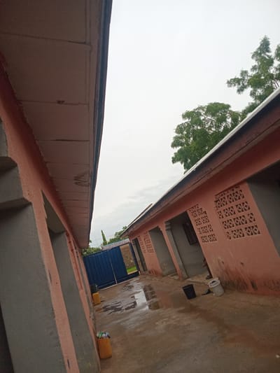 The image depicts an outdoor scene, likely in Girei, Nigeria, under an overcast sky. The foreground is dominated by the sides of two buildings, one to the left and one to the right, angled towards the background. The building on the left has a visible roofline and a wall painted in alternating bands of gray and pink. The building on the right is also painted pink and features decorative window openings with a lattice pattern. The ground between the buildings appears to be a paved courtyard that is wet, suggesting recent rain. In the background, a large blue metal gate is visible, behind which some greenery and trees can be seen. Two yellow containers, possibly barrels, are positioned on the wet ground near the gate. A black bucket and a white bucket are also present on the ground near the building on the right. The overall impression is one of a simple residential or commercial area, possibly with some construction or maintenance activities implied by the presence of the buckets and the wet ground.