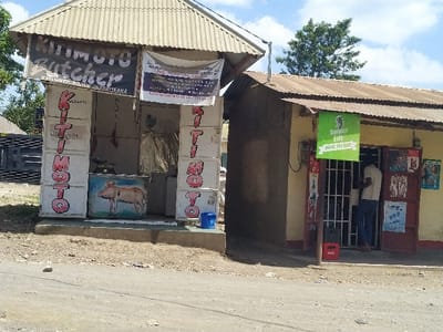 This image captures a street scene in Shangarai, Tanzania, featuring two adjacent small commercial establishments under a clear, bright daytime sky.
On the left, a yellow-painted building functions as a shop or stall. It has a dark door and a barred window, through which a person wearing a blue top and light-colored pants is visible, suggesting the shop is open and active. Various posters and advertisements adorn the wall next to the door and window. Leaning against the front of this structure is a prominent green rectangular sign that reads "SERENGETI LITE" and "RAISE THE BAR".
To the right, there is a second structure, appearing to be a butchery or meat shop, identified by the repetitive text "KITI MOTO" (Swahili for "hot seat," often referring to grilled meat) painted on its white, crate-like facade. An opening in the center of this facade reveals a painting of a pig. Above this structure, on a corrugated metal roof, two signs are displayed: a dark banner with white text that includes "Kiti Moto Butcher" and "JADATIANA," and another lighter-colored, informational-looking sign. A small blue object is perched on top of this structure.
The scene is set on a dirt road, with a dark vehicle partially visible in the background behind the right shop. The weather is clear with some scattered clouds, and the bright lighting indicates it is daytime. The overall impression is one of everyday commerce in a local community setting.